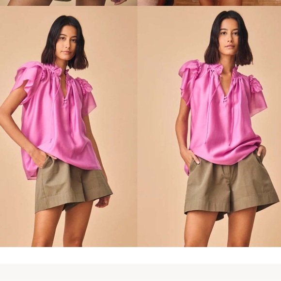 Hunter Bell Milli top, silky fuchsia pink ruffle neck/sleeve relaxed fit blouse - Picture 5 of 12